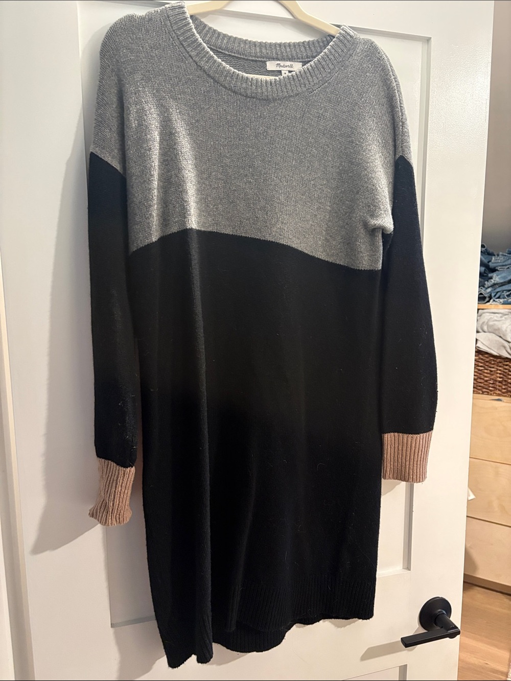 Madewell Colorblock Knit Long Sleeve Dress in Gray, Black & Tan